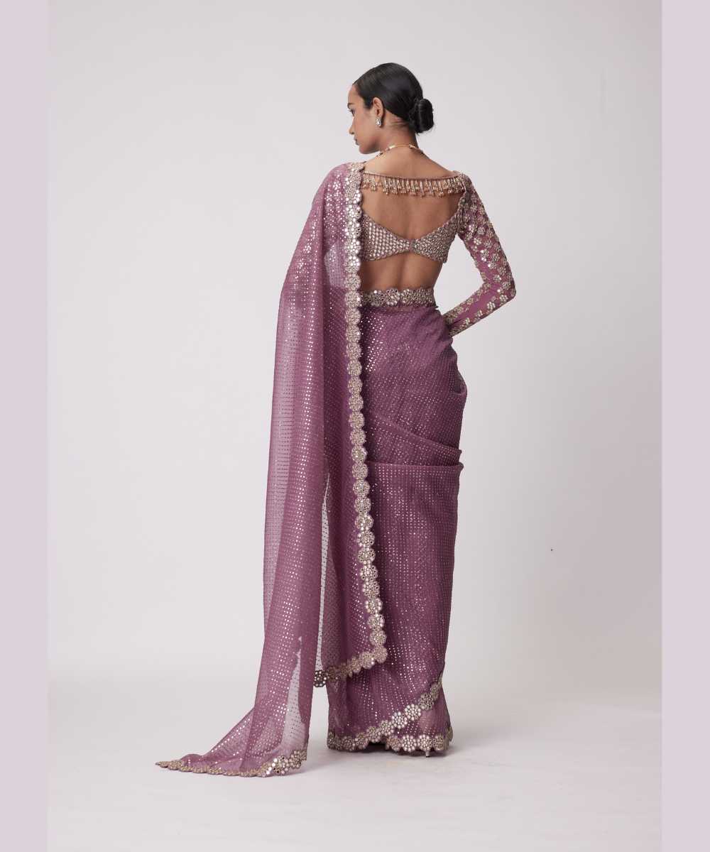 MUD  MAUVE HAND EMBROIDERED ORGANZA SAREE SET - Jugmug Bride by Vvani Vats