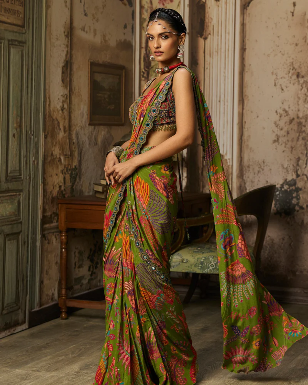 Diya Rajvvir - Pear Green Printed And Highlighted Pre-Draped Slit Skirt Saree Set from Bahaar