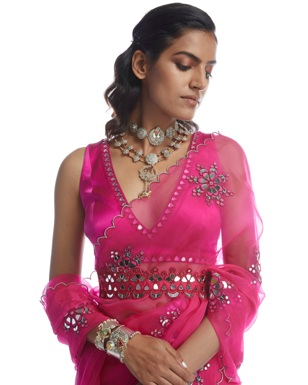 Vvani Vats -  Peacock Pink Mirror Cutwork Saree from Chamak