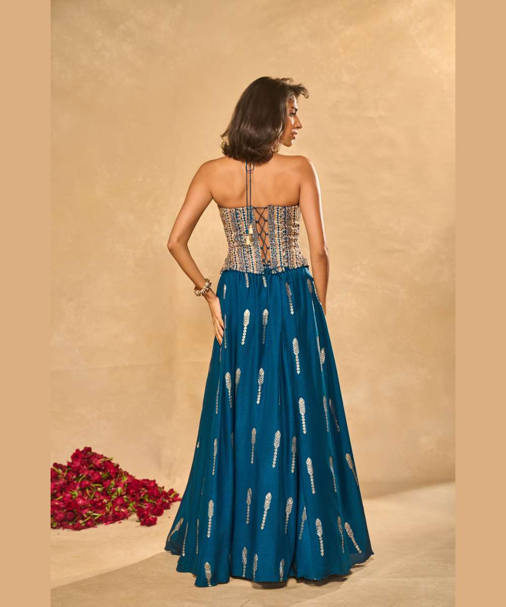 AMAL LEHENGA IN BLUE - Jamewar Lehenga with woven buttis paired with zari, sequence and zardozi embroidered halter neck blouse - Leher by Chamee and palak