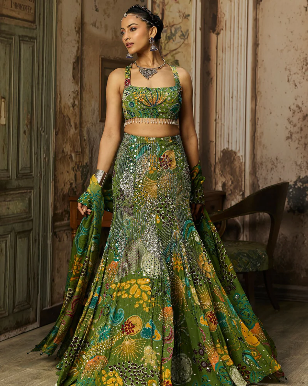 Diya Rajvvir - Pear Green Printed And Highlighted Mermaid Skirt Set from Bahaar