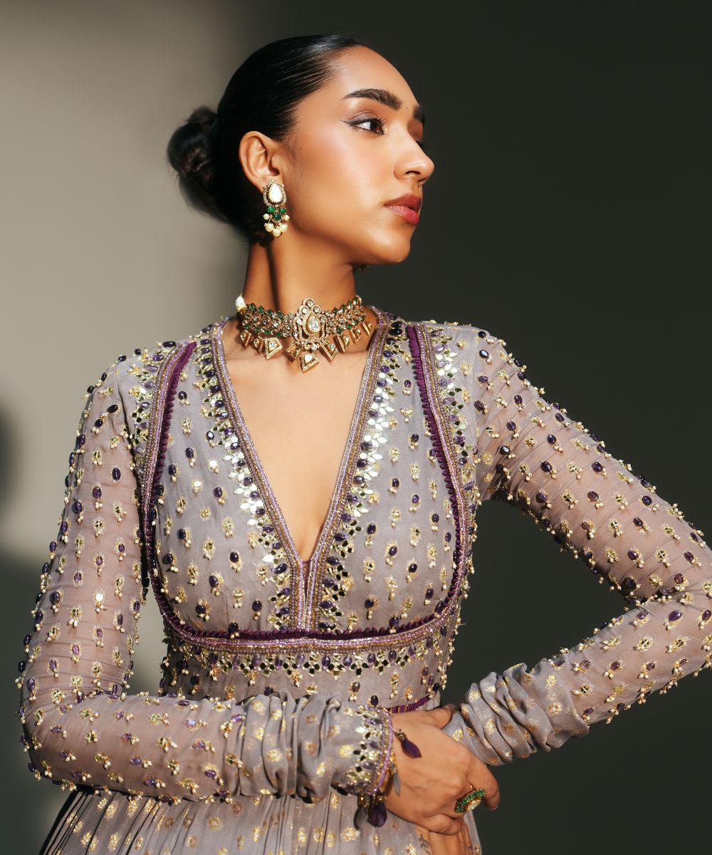 SIDRA - HAND EMBROIDERED FULL SLEEVES ANARKALI PAIRED WITH MATCHING DUPATTA - Mehfil by Mahima Mahajan