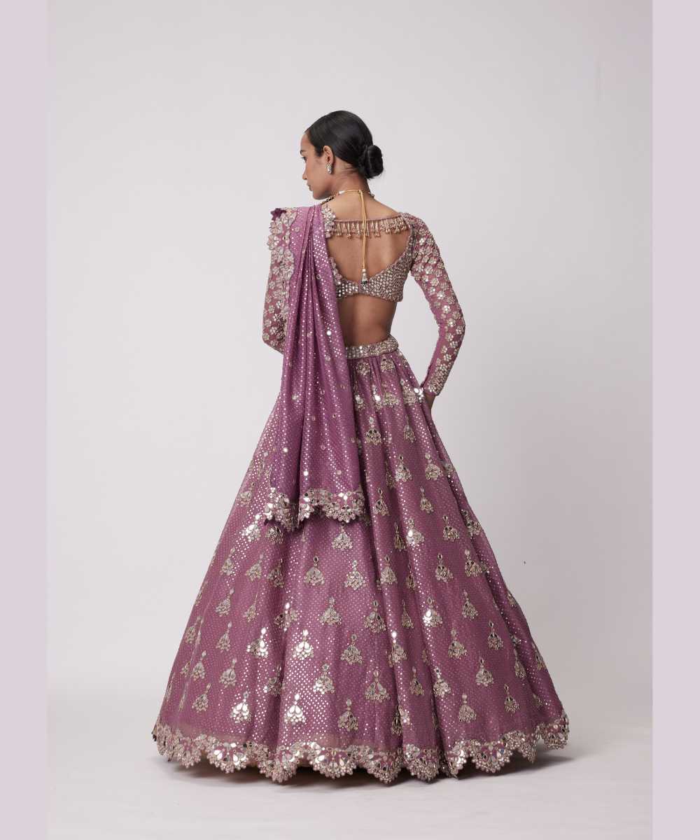 MUD  MAUVE SEQUIN AND FLOWER EMBROIDERED LEHENGA SET - Jugmug Bride by Vvani Vats