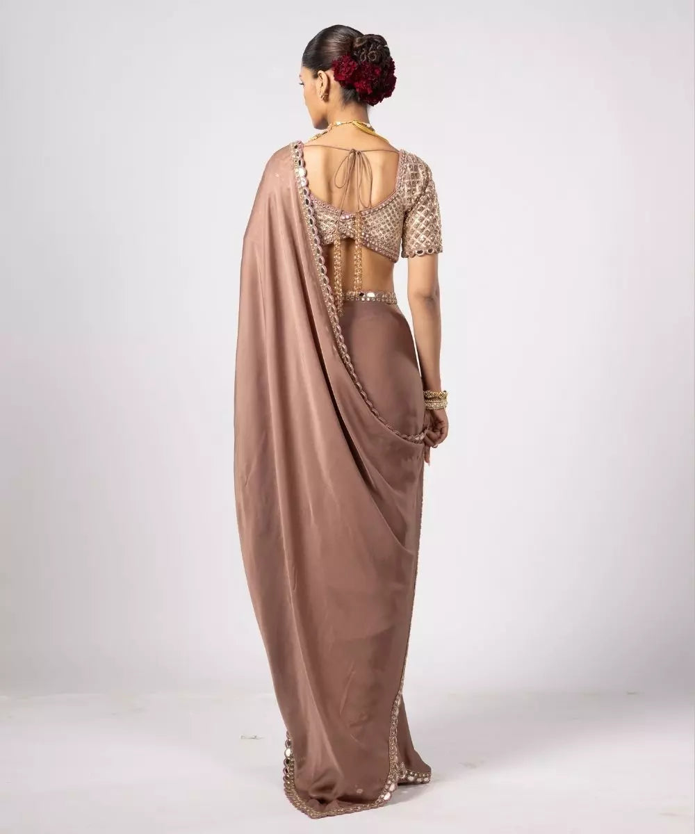 VVANI VATS - Deep beige Satin Saree with Sweetheart Neck Blouse