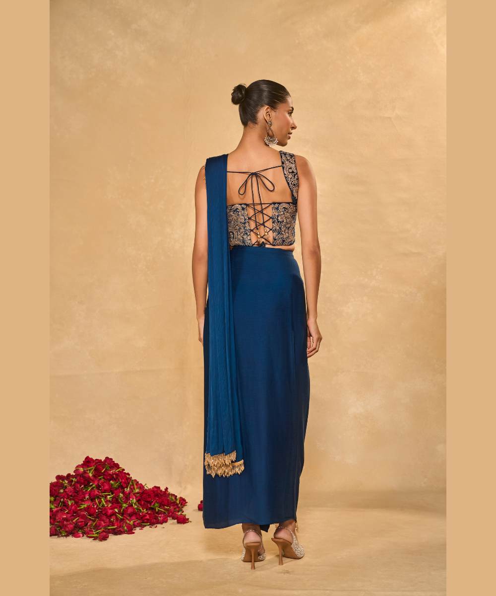 LEKHA SLIT SAREE - Satin chiffon dhoti saree embellished with tassel edging paired with a velvet corset blouse - Leher by Chamee and Palak