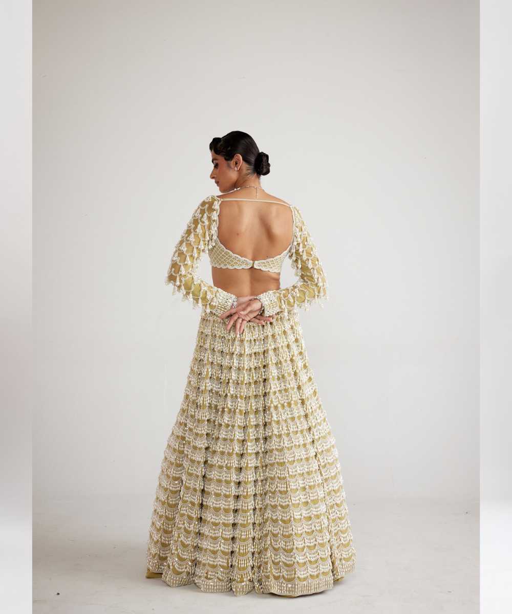 Fern Green Chandelier Pearl Drop Heavy Lehenga Set - Collection name Piroi by Vvani vats