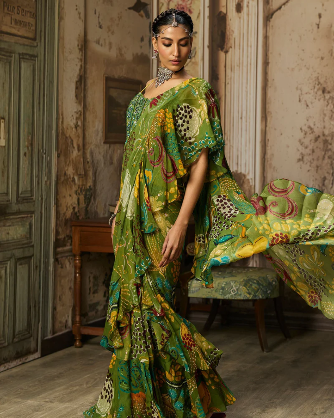 Diya Rajvvir - Pear Green Printed And Highlighted Skirt Saree Set from Bahaar