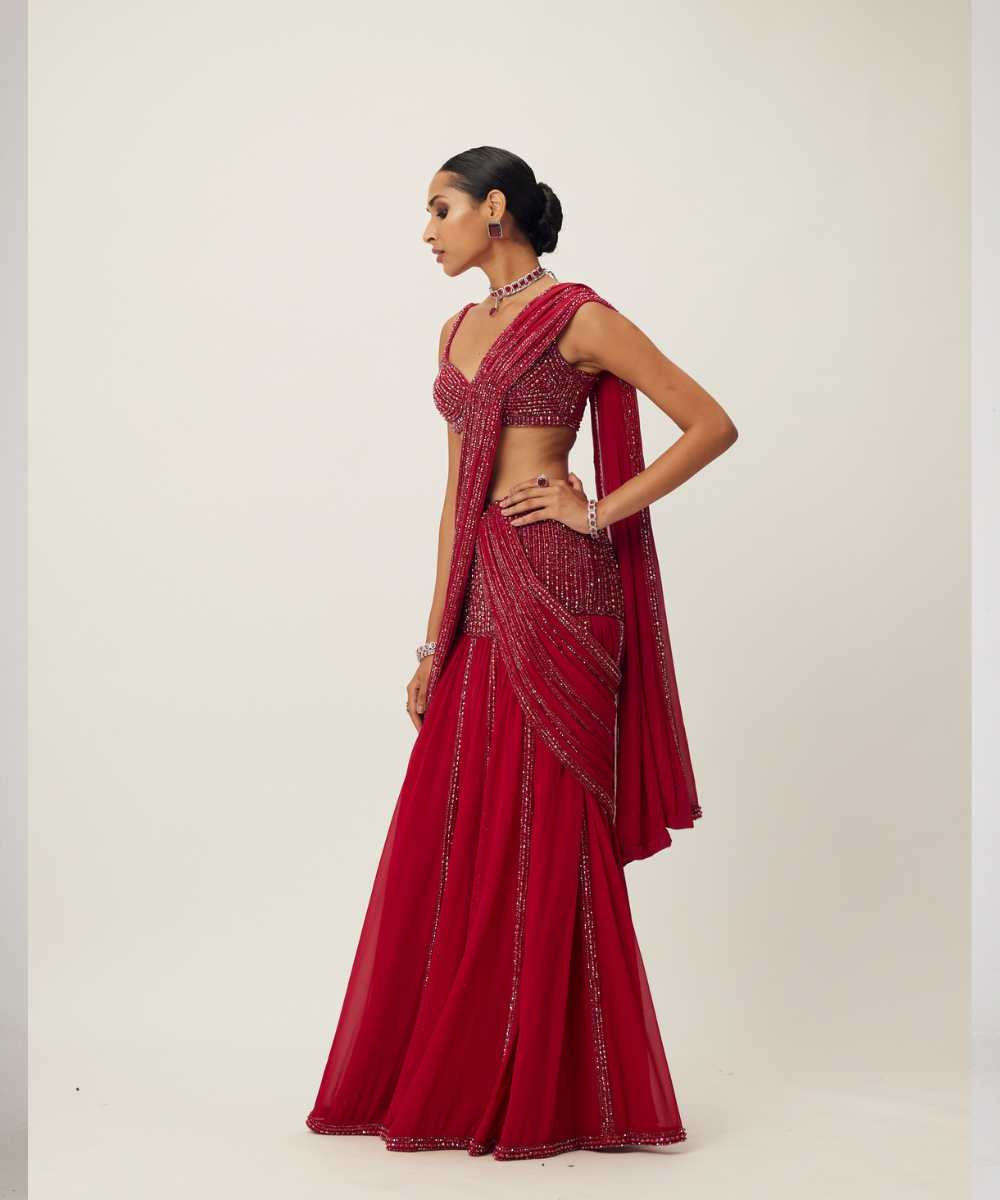 Ruby Red Pre Draped Crystal Embellished Saree Set -  Collection name Maya by Vvani Vats