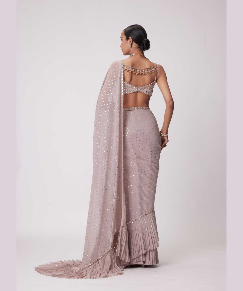 ASH PINK FRILL SAREE SET -  Jugmug Bride by Vvani Vats