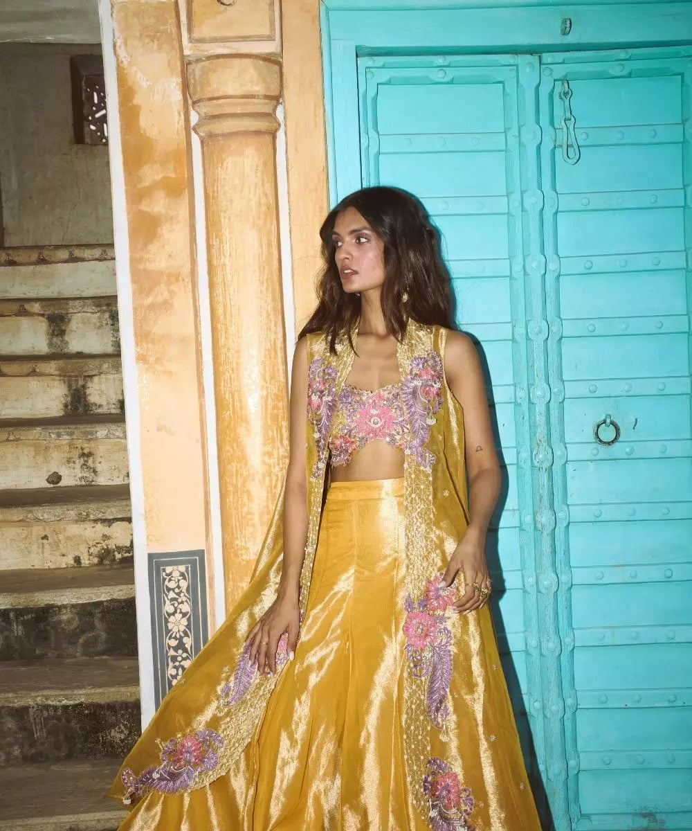 Aditi Gupta - Mustard Yellow pure Zari tissue with Sharara Set with Organza Cape