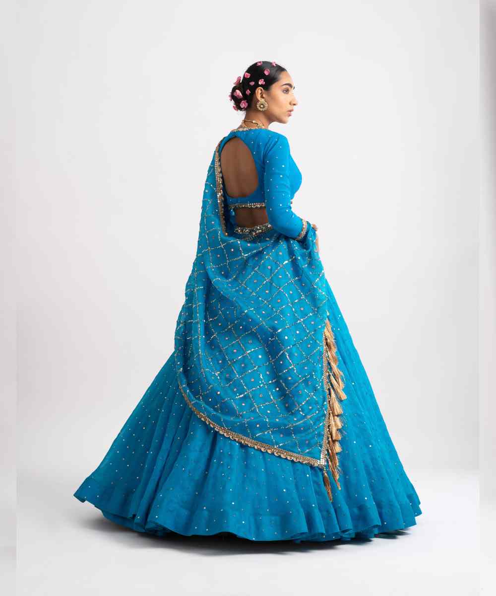 Firozi Silk Organza Heavy Dupatta Lehenga Set - Collection name Rang by Vvani vats