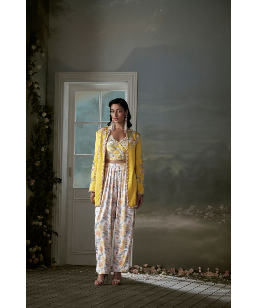 NITIKA GUJRAL - Yellow Jacket Trouser Set With Corset