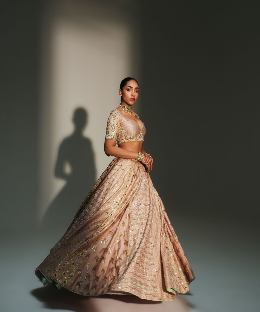 VIDHI - HAND EMBROIDERED BLUSH PINK KALI LEHENGA - Mehfil by Mahima Mahajan