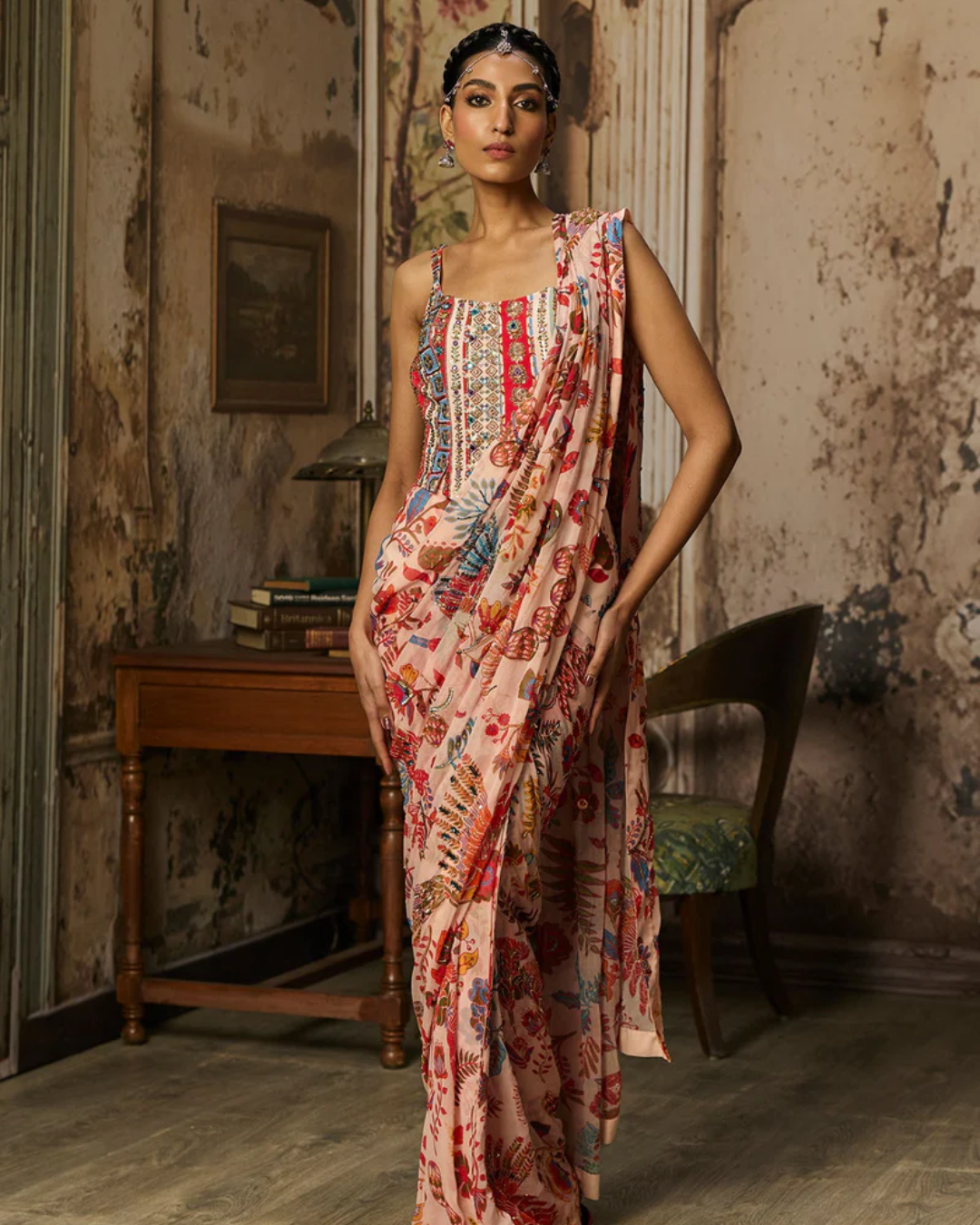 Diya Rajvvir - Blush Pink Printed And Highlighted Classic Saree Set from Bahaar