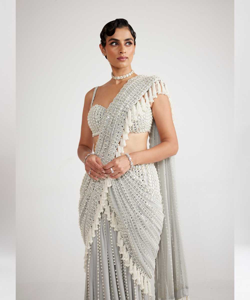 Powder Grey Chandelier Pearl Drop Saree Set - Collection name Piroi by Vvani vats