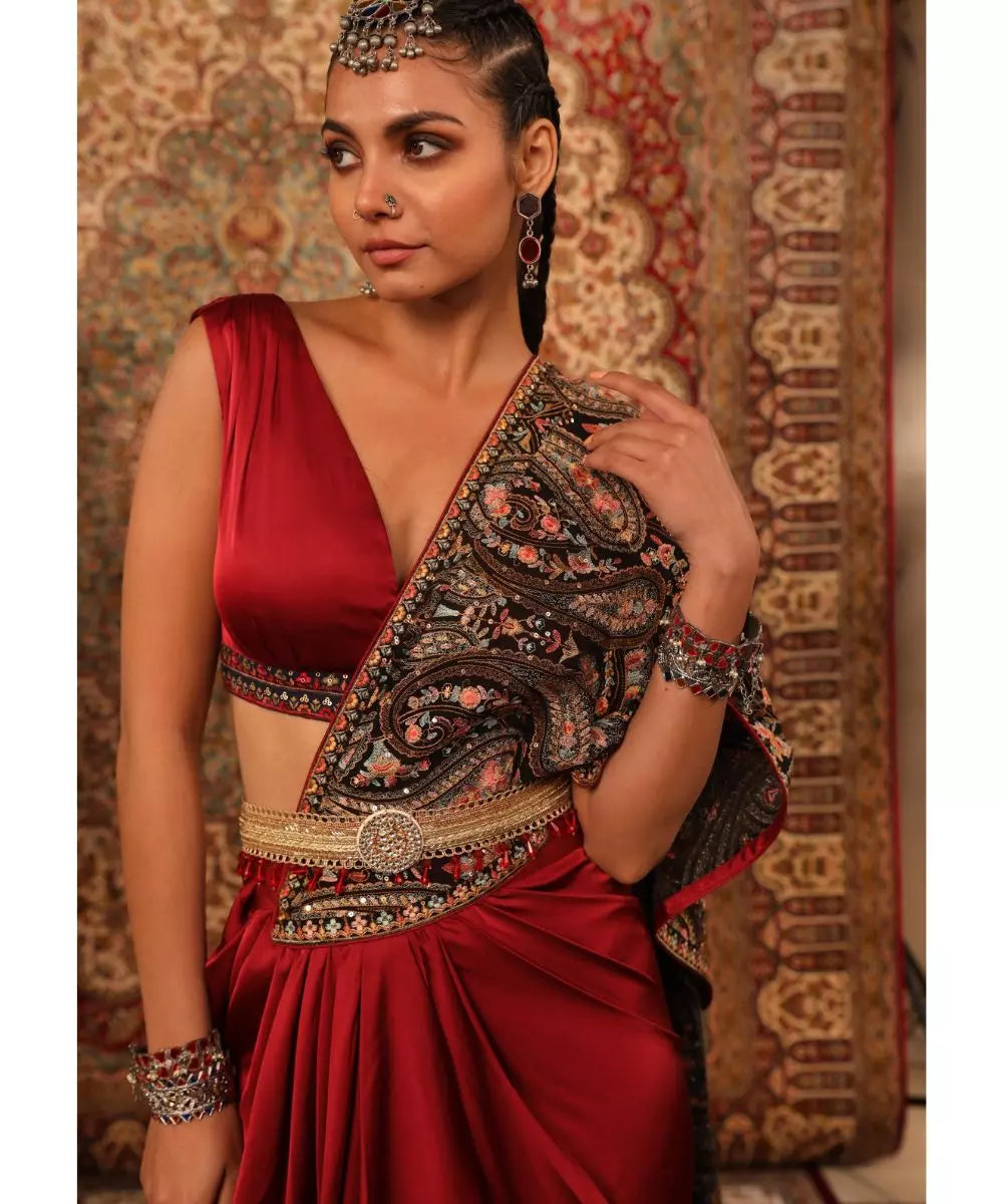 ADITI GUPTA - Red Jamawaar Draped Saree Skirt