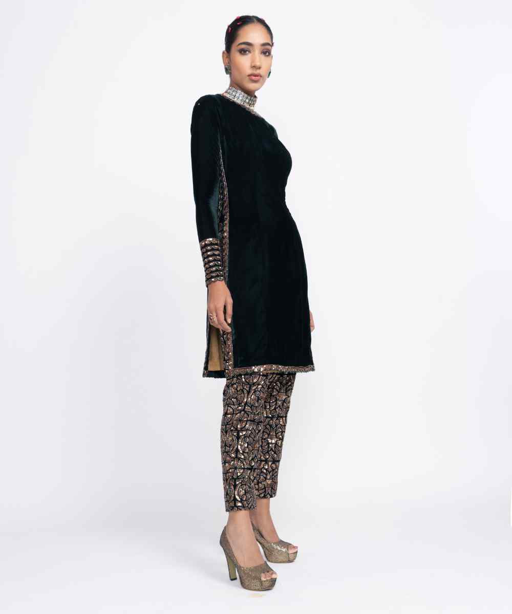 Deep green velvet kurta set