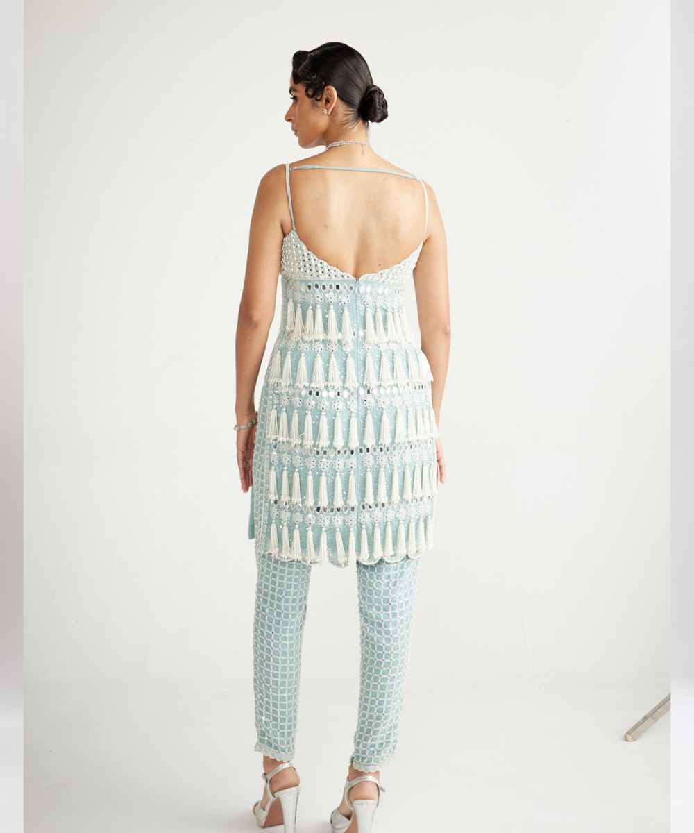 Powder Blue Chandelier Pearl Drop Pant Kurta Set -  Collection name Piroi by Vvani vats