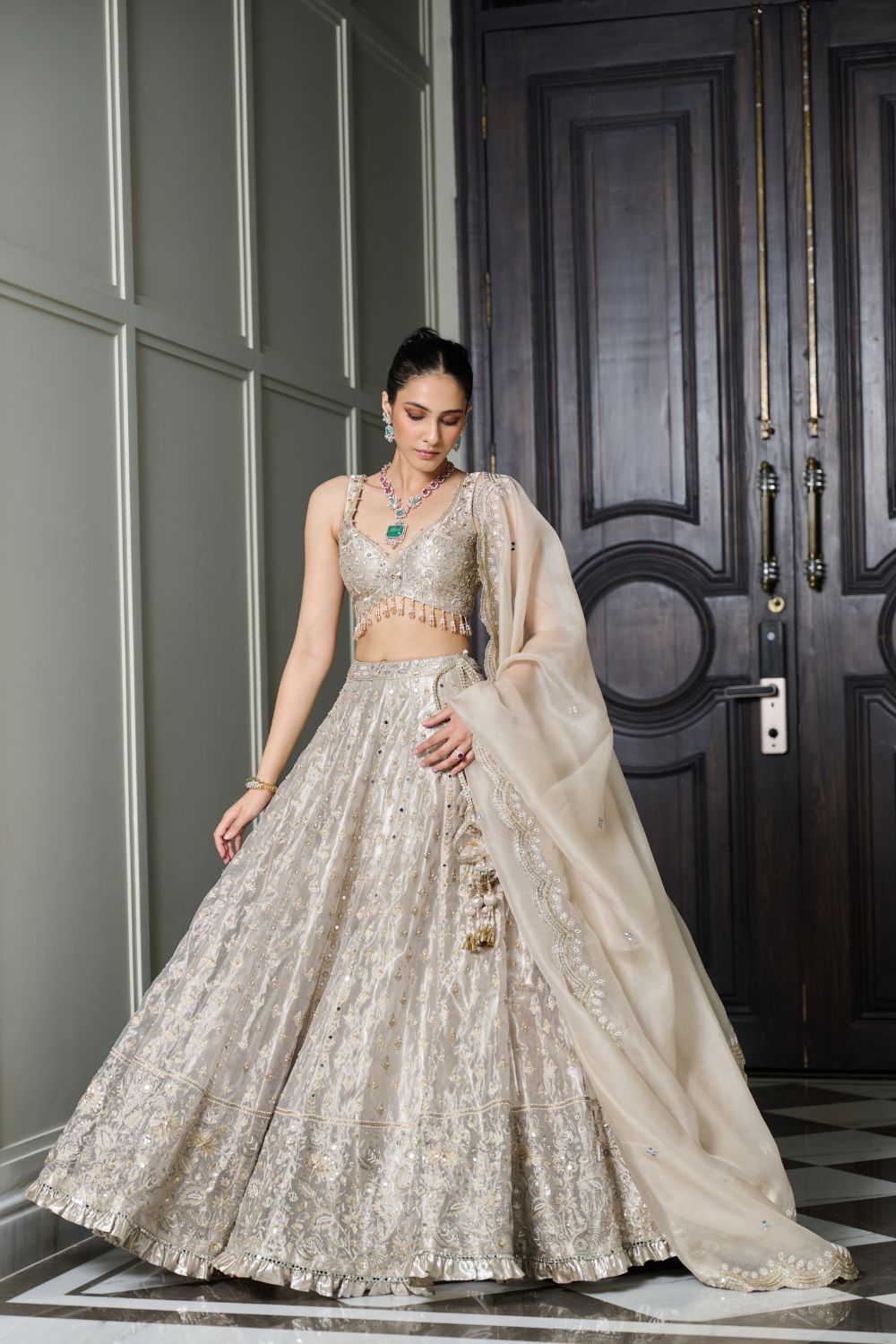 Sanya Gulati - Ivory Gold Tissue Lehenga Set from Param Sundari