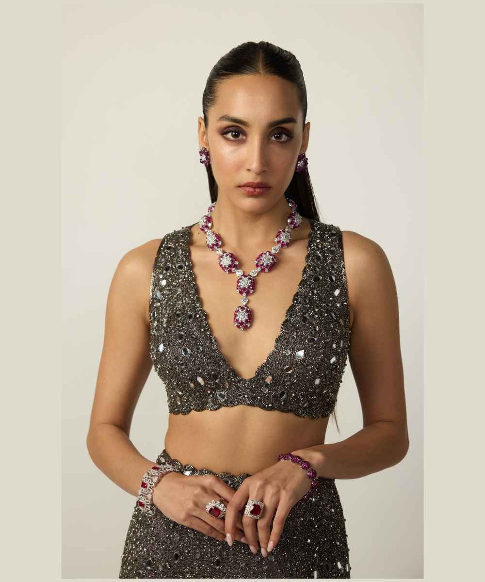 Metallic Grey Blouse Sharara Pant Set