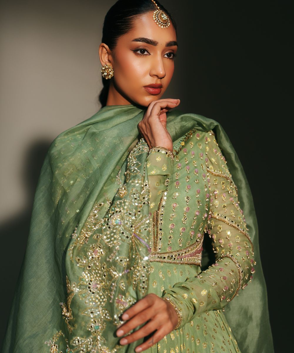 CHAYA - GREEN FULL SLEEVES ANARKALI PAIRED WITH MATCHING DUPATTA - Mehfil by Mahima Mahajan