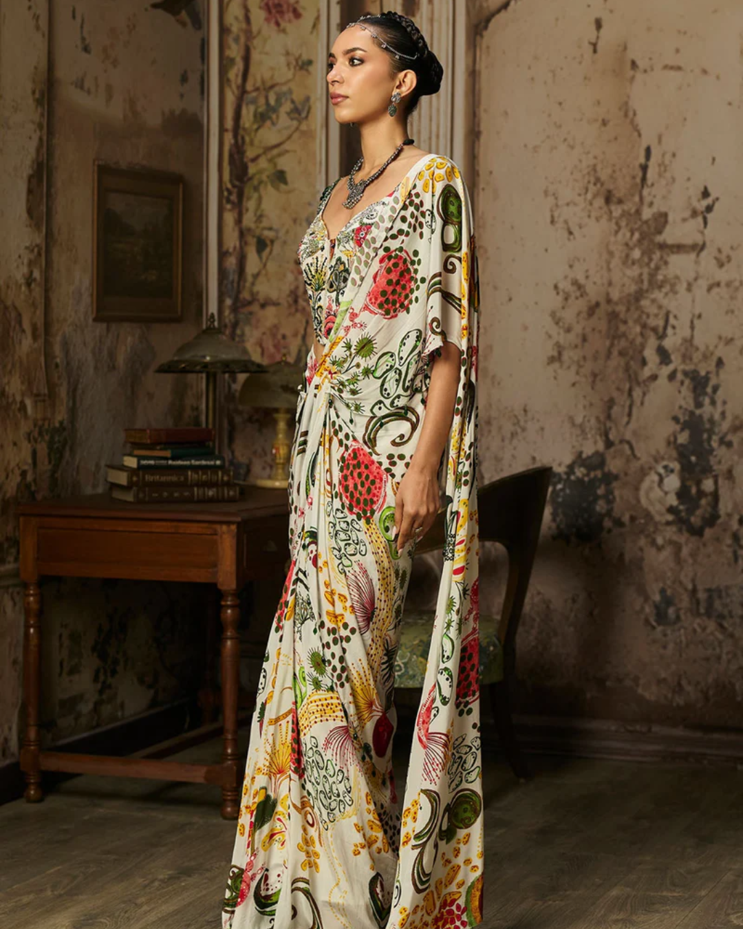 Diya Rajvvir - Ivory Print And Highlighted Corset With Dhoti Skirt Saree Set from Bahaar