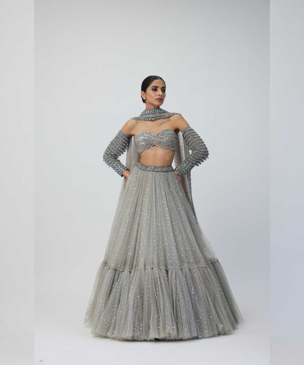 Crystal Grey Tulle Lehenga Set -  Collection name Maya by Vvani Vats