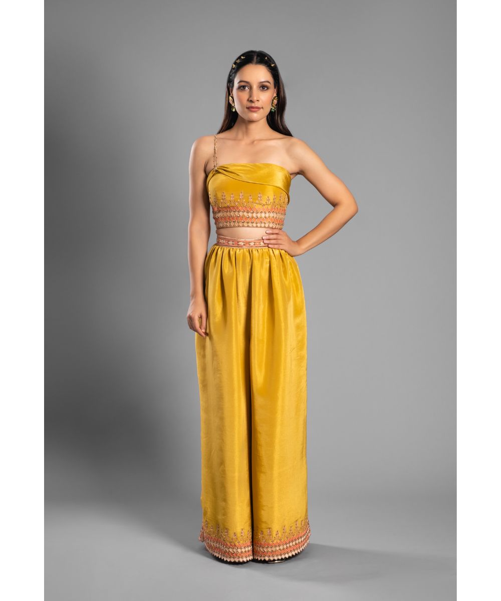Aastha Sood - Sunflower yellow Co-ord set Draped Blouse and Pants
