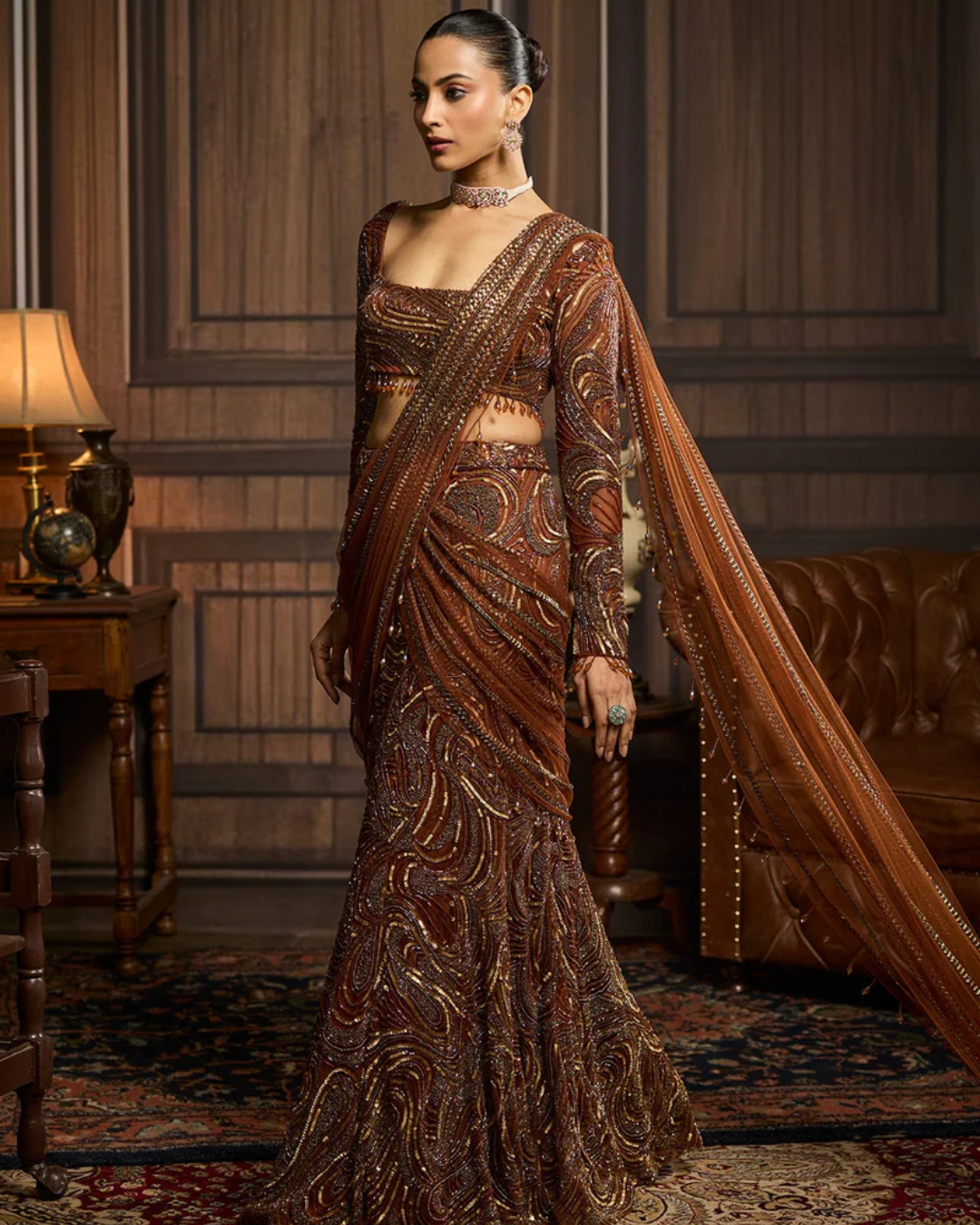 Diya Rajvvir - Metallic Gold Embellished Skirt Saree Set from Taara