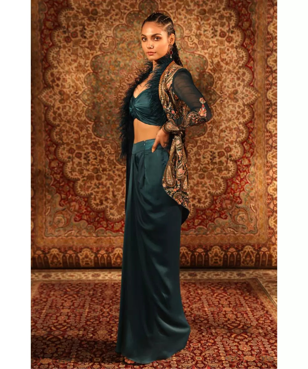 ADITI GUPTA - Teal jamawaar Jacket with Fur Blouse and Draped Skirt