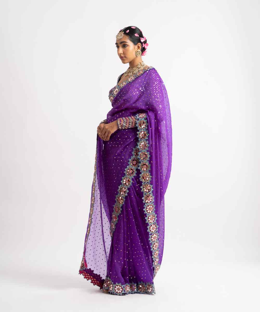 Purple Hand Cut Mirror Border Saree Set