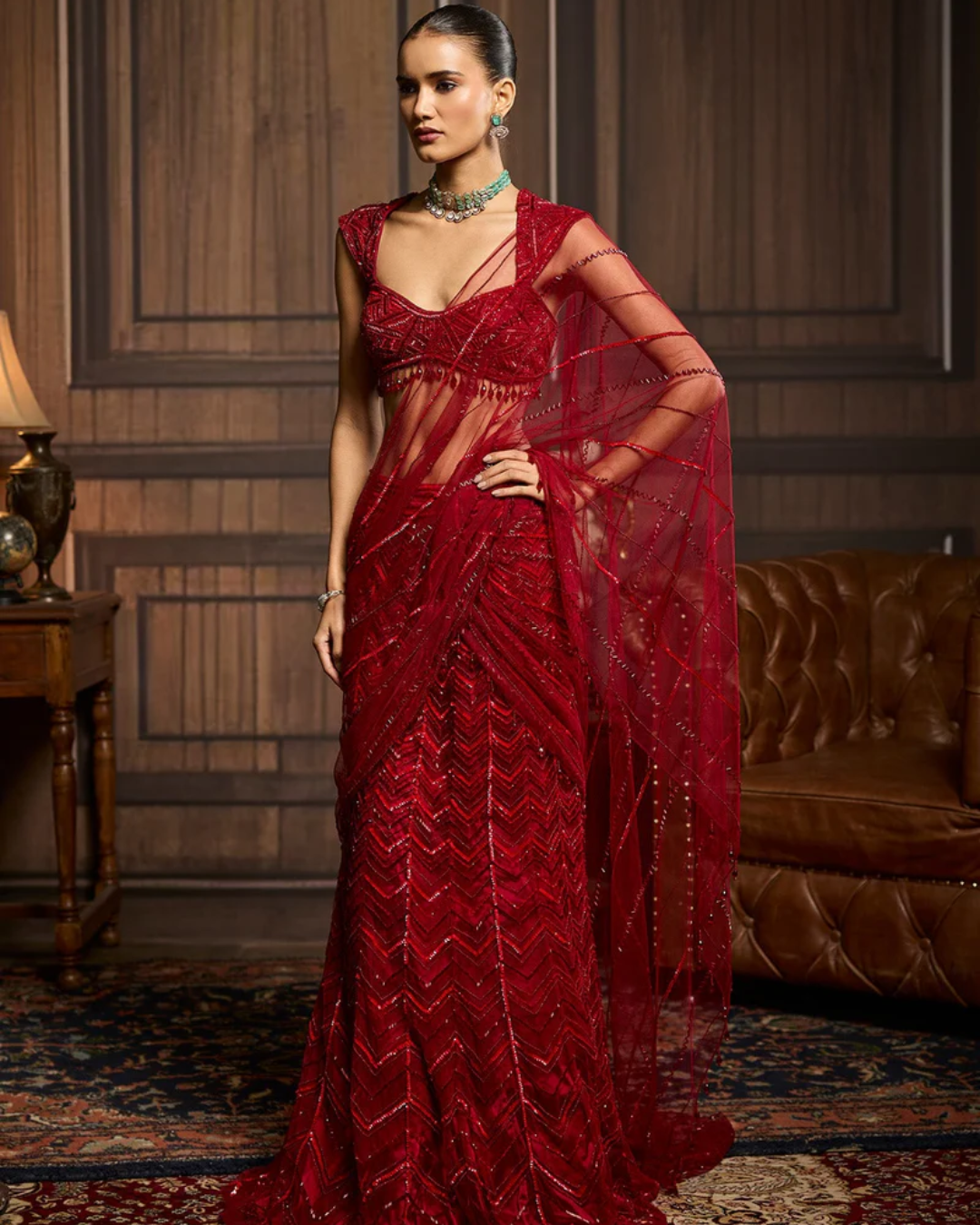 Diya Rajvvir - Red Embellished Blouse And Pre-Draped Dhoti Saree Set from Taara