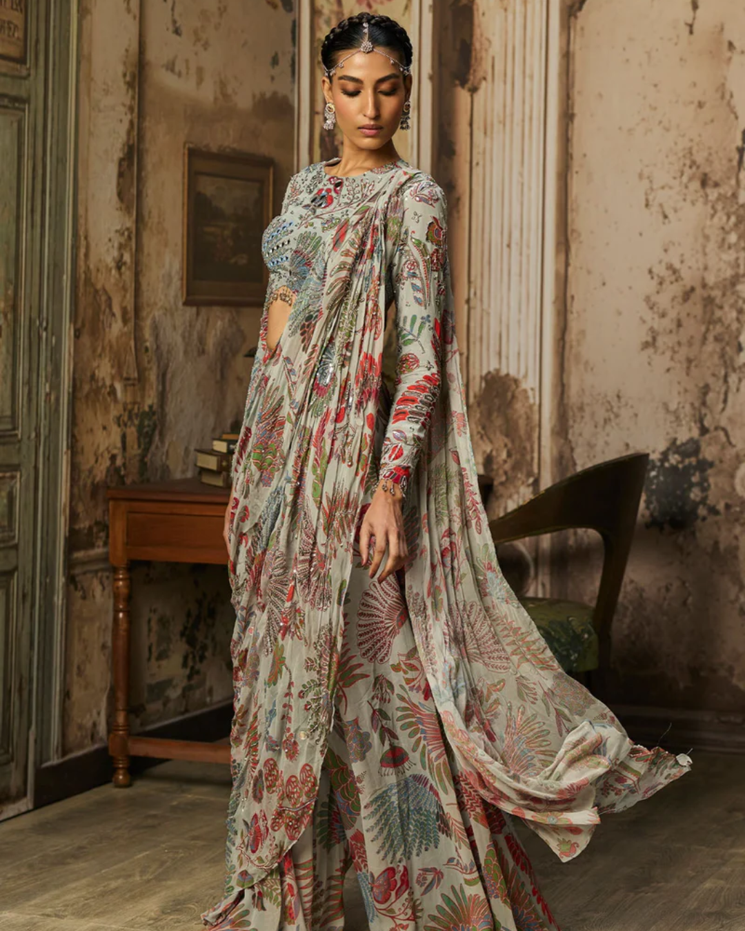 Diya Rajvvir - Slate Grey Printed And Highlighted Tiered Skirt Saree Set from Bahaar