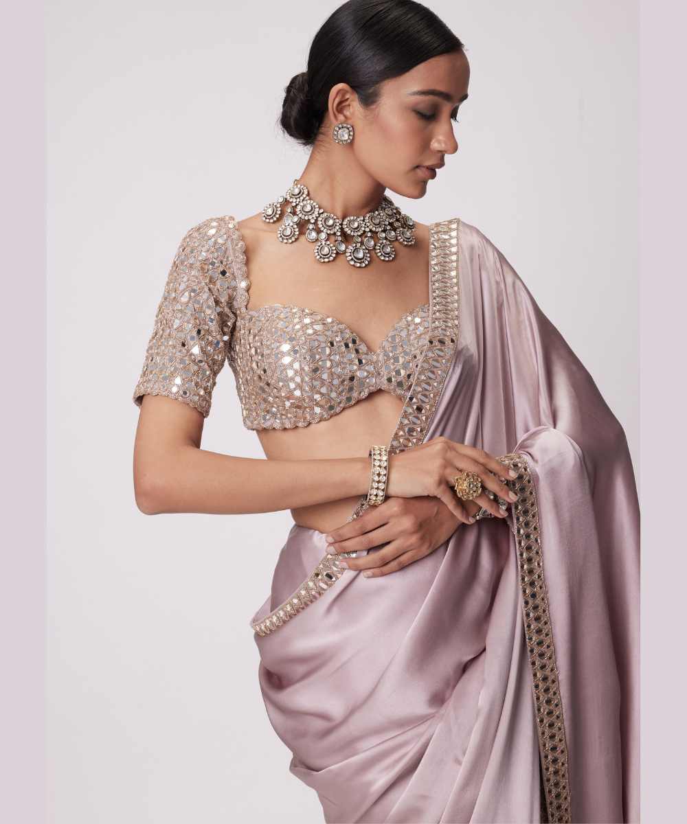 ASH PINK SATIN SAREE SET - Jugmug Bride by Vvani Vats