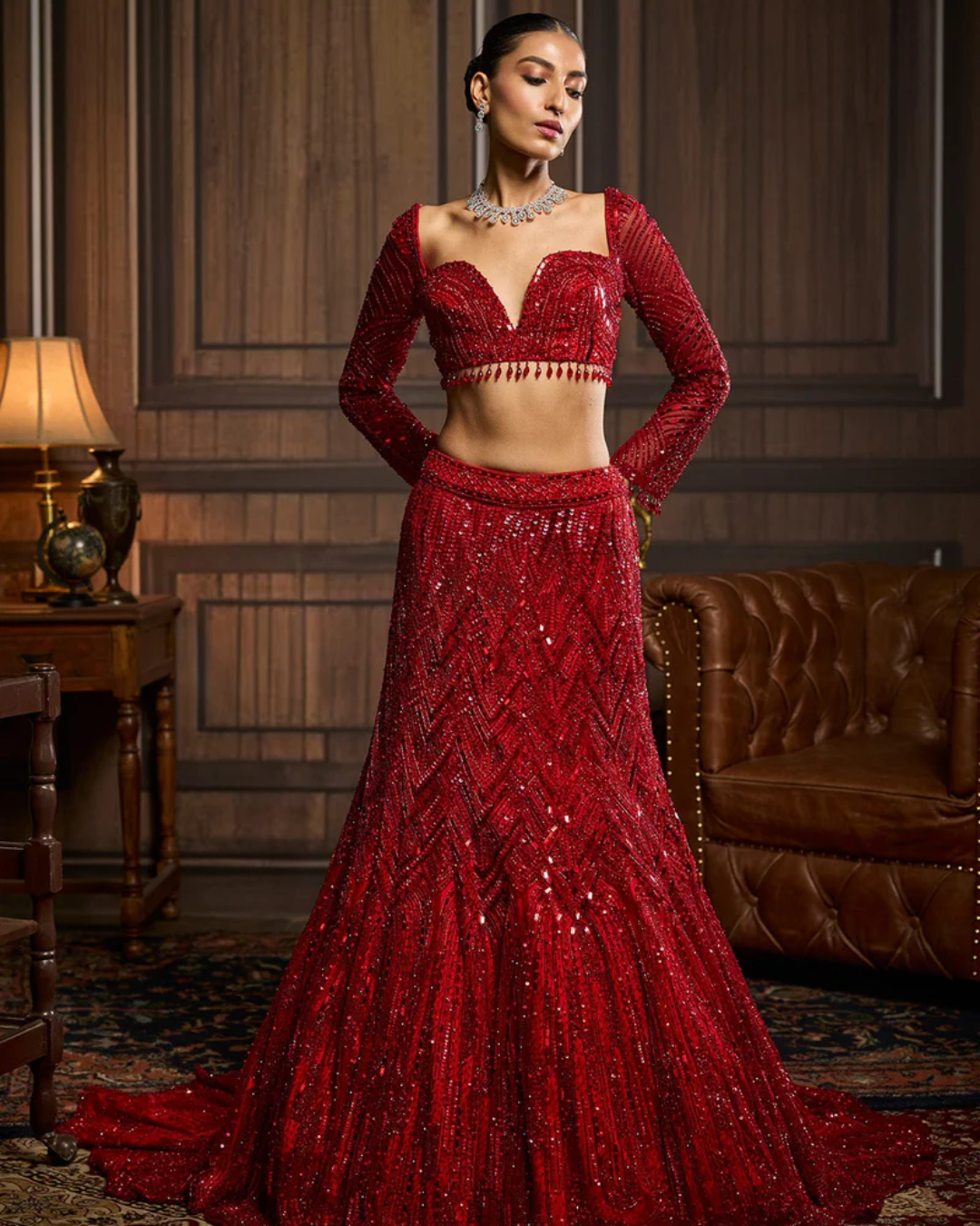 Diya Rajvvir - Vermillion Red Embroidered Mermaid Skirt Set from Taara