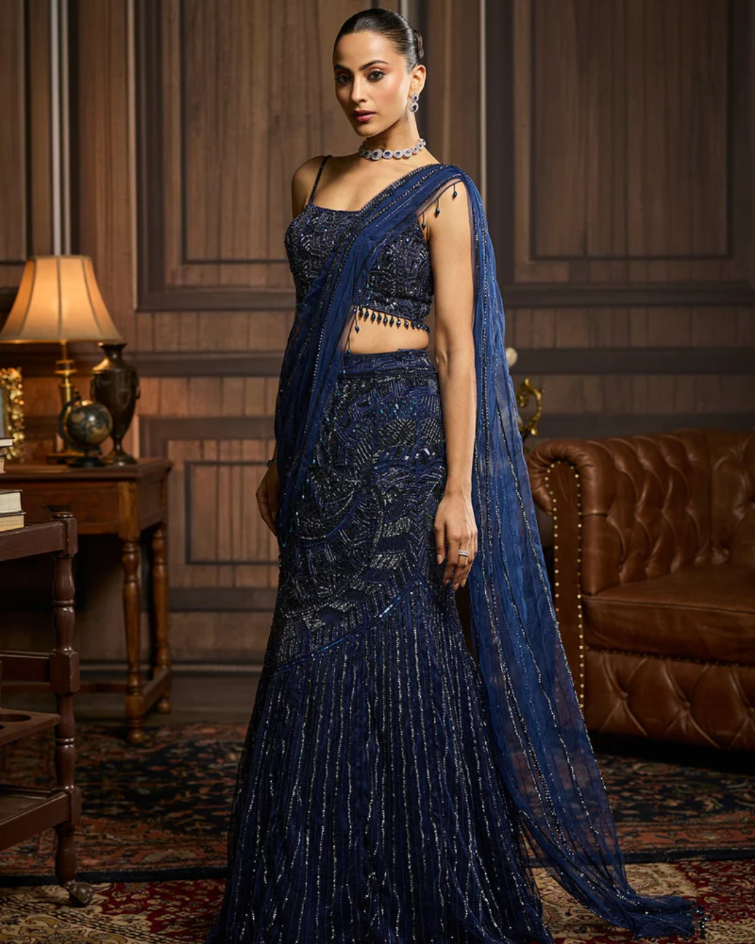 Diya Rajvvir - Midnight Blue Embellished Pre-Drapedskirt Saree Set from Taara