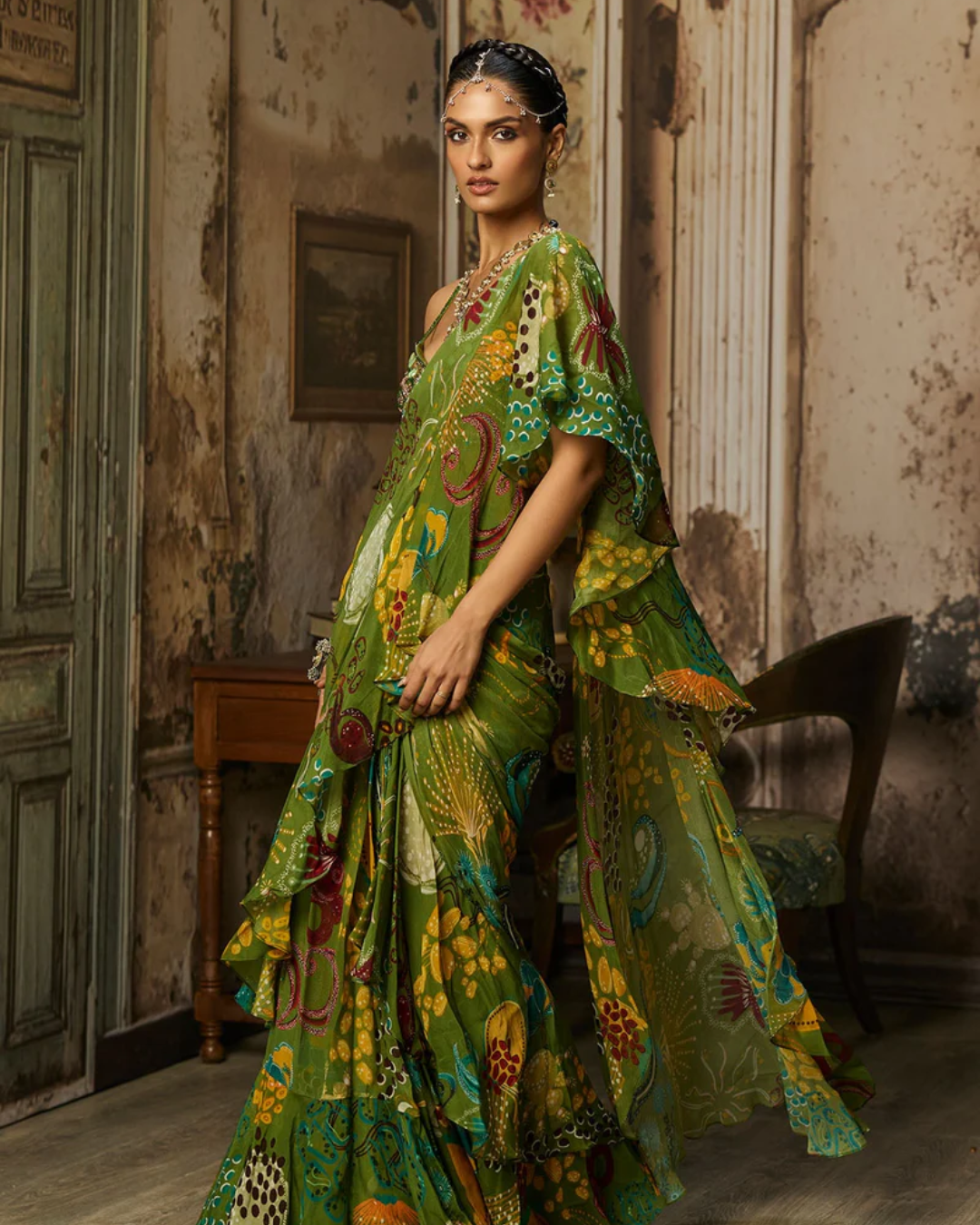 Diya Rajvvir - Pear Green Printed And Highlighted Ruffle Skirt Saree Set from Bahaar