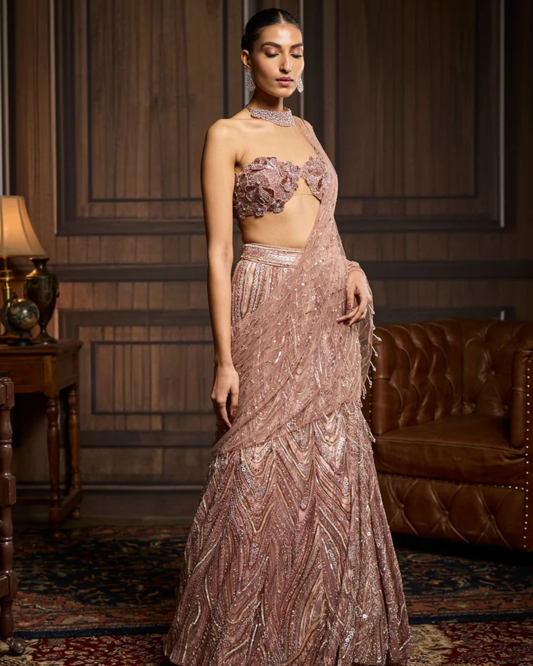 Diya Rajvvir - Blush Pink Embellished Pre-Draped Skirt Saree Set from Taara