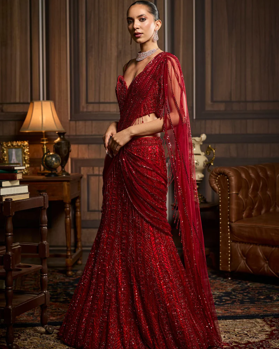 Diya Rajvvir - Red Embellished Blouse And Pre-Draped Dhoti Saree Set from Taara