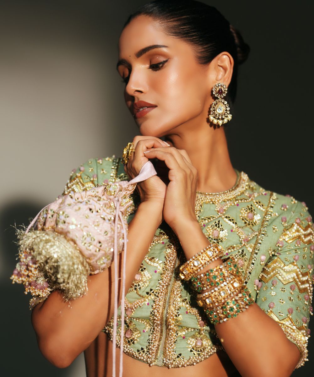 BLUSH PINK HAND EMBROIDERED POTLI BAG - Mehfil by Mahima Mahajan