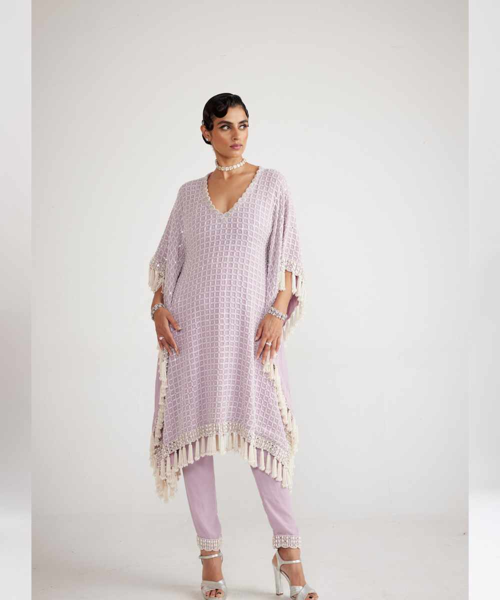 Powder Lilac Chandelier Pearl Drop Kaftan Set - Collection name Piroi by Vvani vats