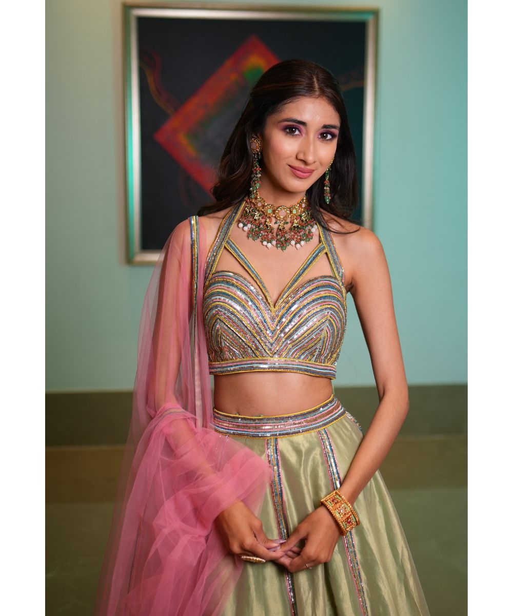 Aastha Sood - Green silk tissue Lehenga with Colorful Geometric Embroidery