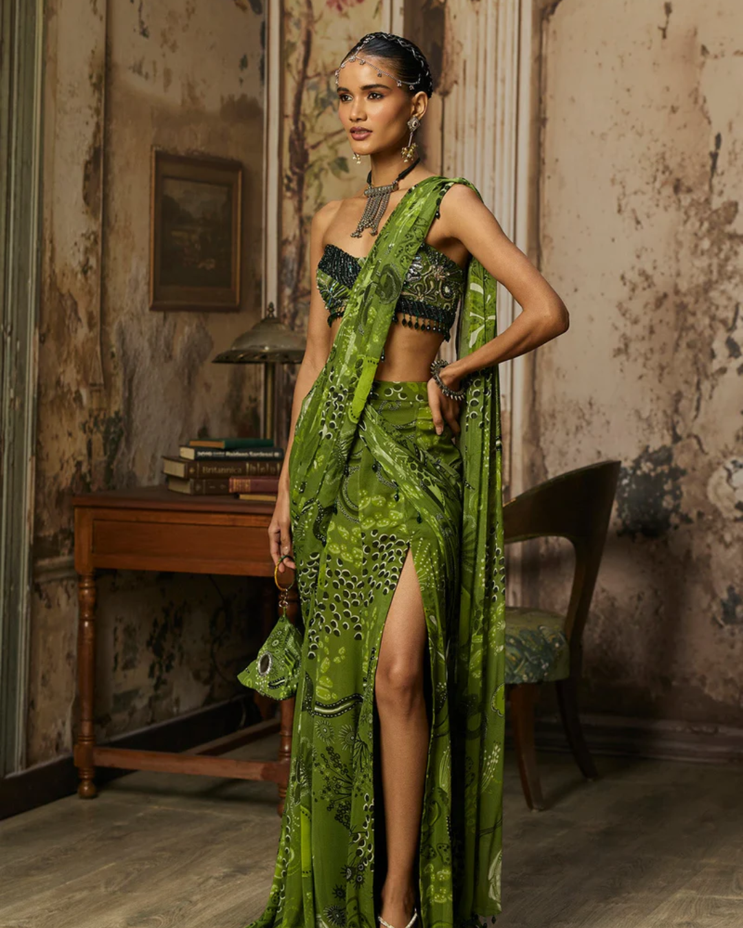 Diya Rajvvir - Pear Green Printed And Highlighted Pre-Draped Slit Skirt Saree Set from Bahaar