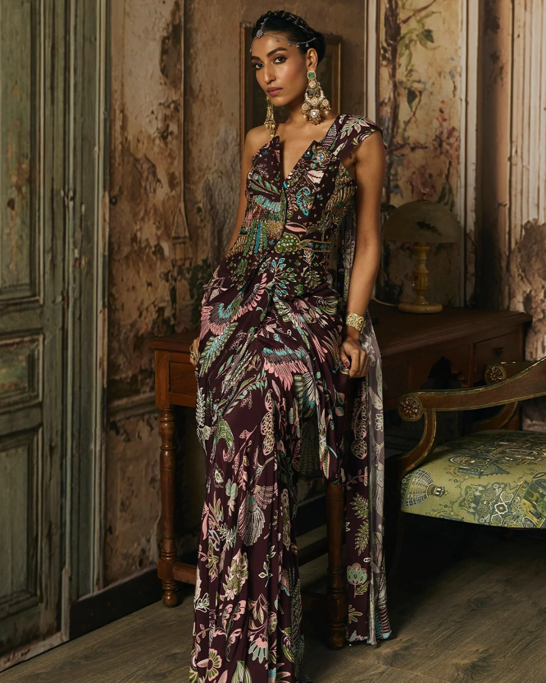 Diya Rajvvir - Plum Printed And Highlighted Corset With Dhoti Skirt Saree Set from Bahaar
