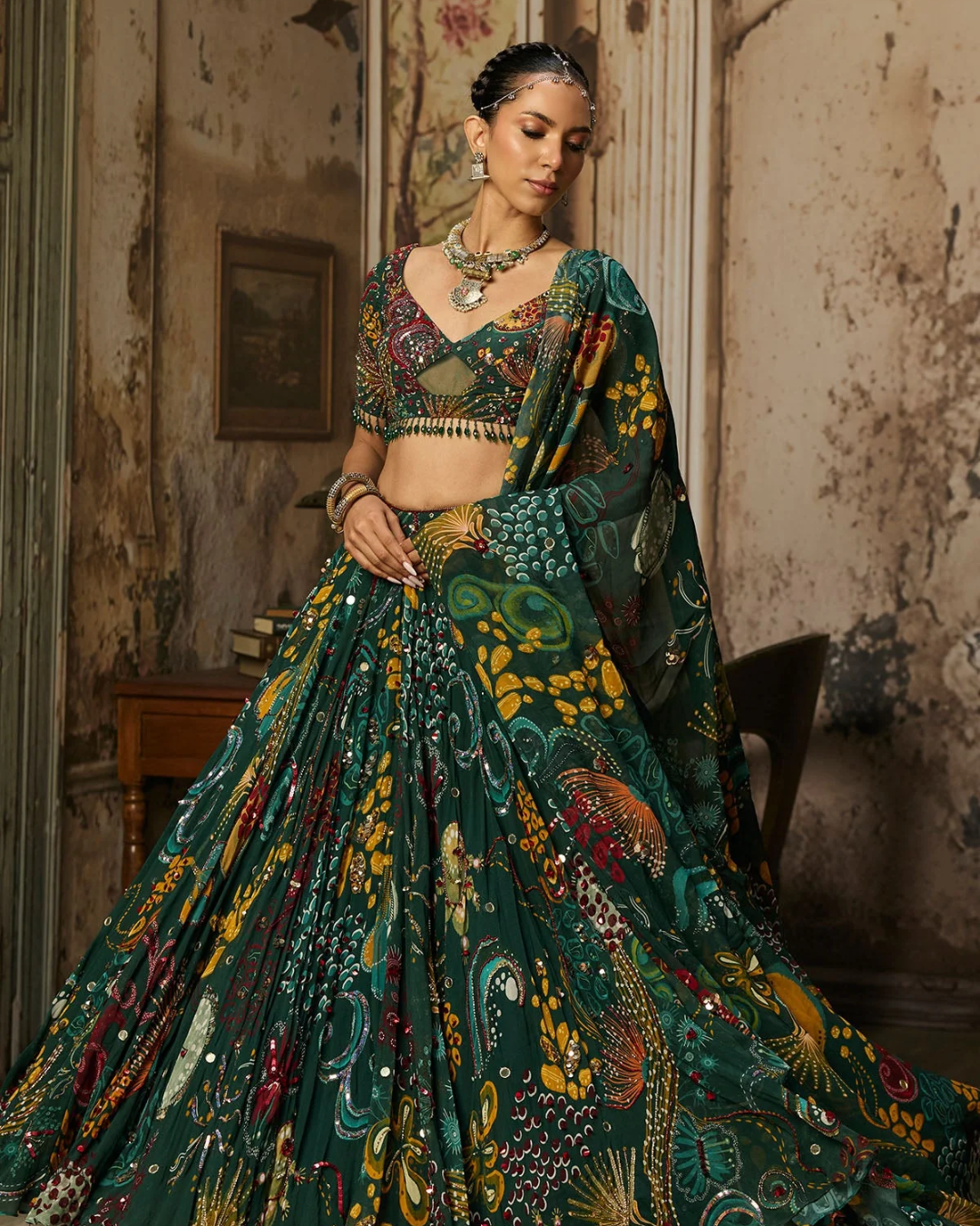 Diya Rajvvir - Dark Green Printed And Highlighted Lehenga Set from Bahaar