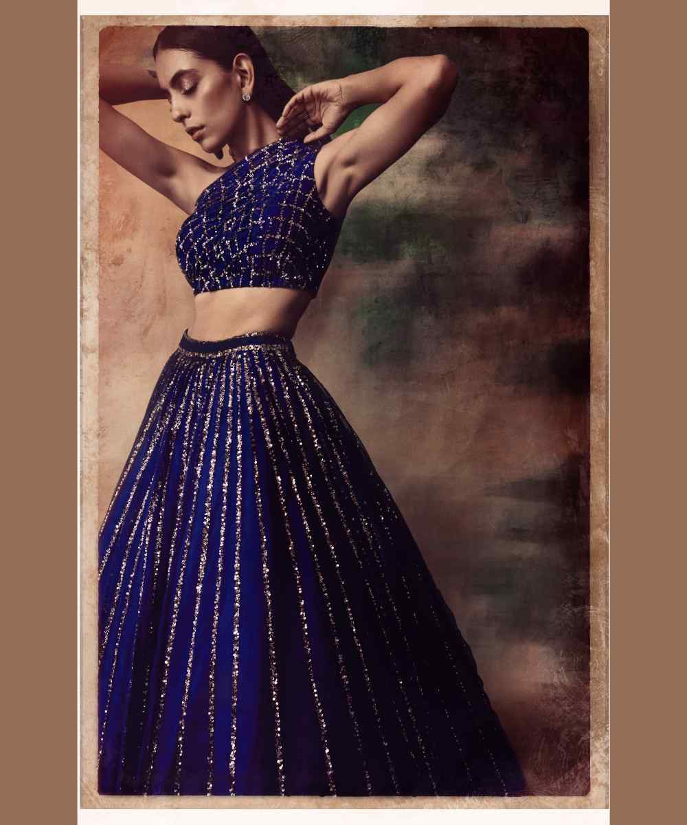 Midnight blue one shoulder crop top skirt set