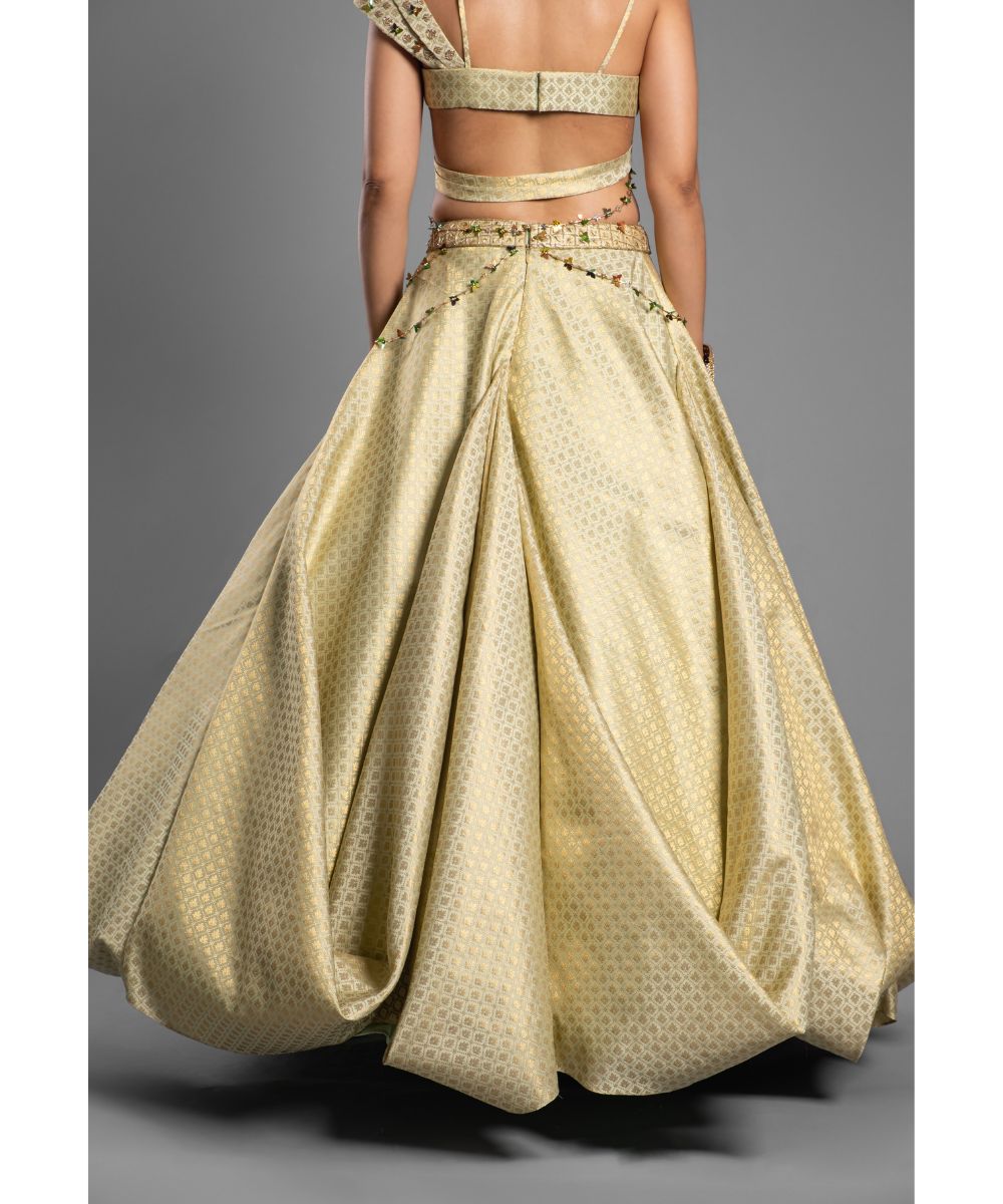 Lime Green Brocade Lehenga Asymmetrical Drape Blouse