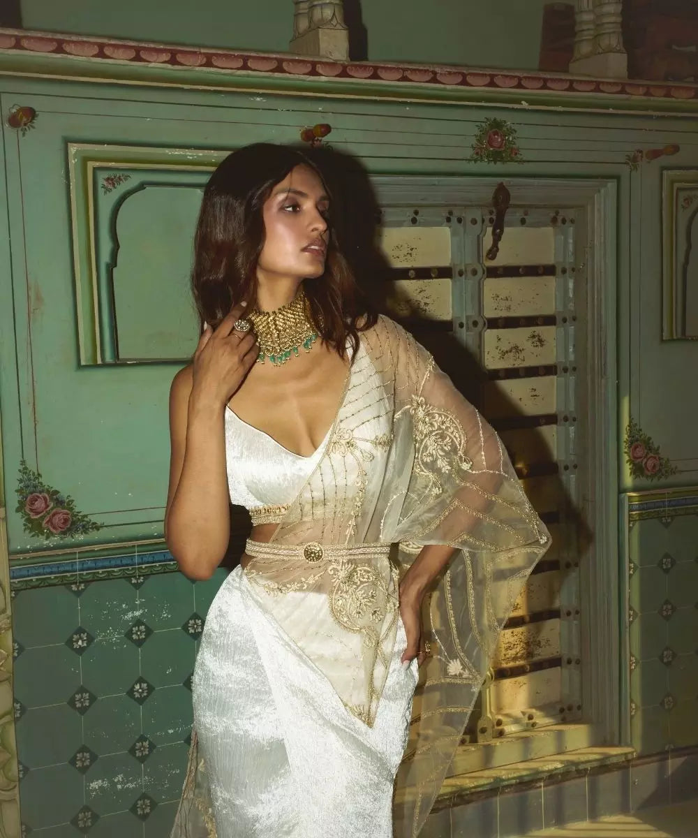 Aditi Gupta - Pearl White Crushed Silk Saree