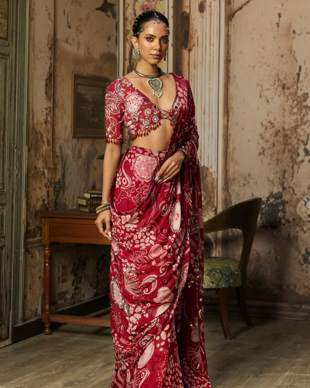 Diya Rajvvir - Scarlet Red Printed And Highlighted Classic Saree Set from Bahaar