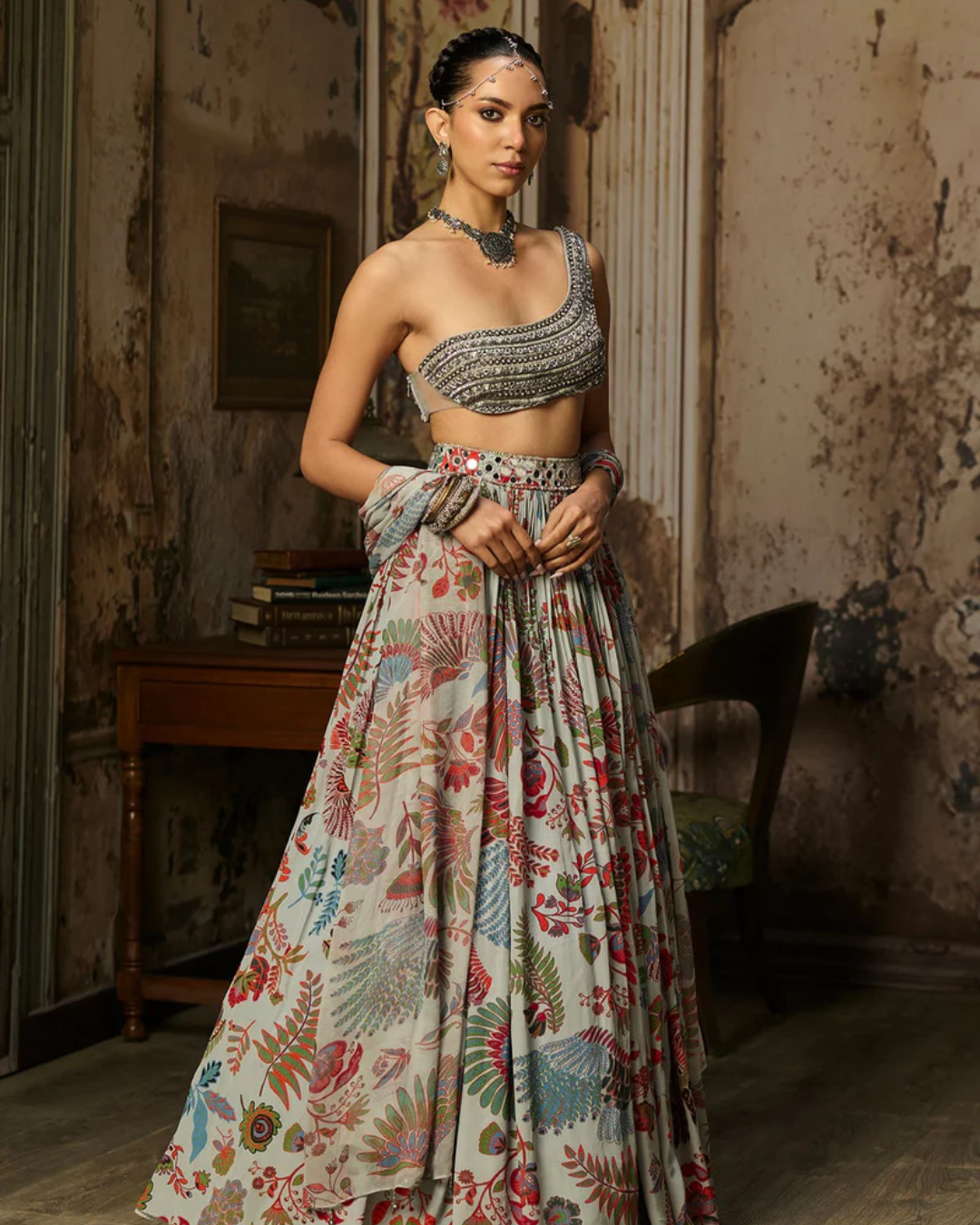 Diya Rajvvir - Slate Grey Embroidered Blouse With Printed Lehenga Set from Bahaar